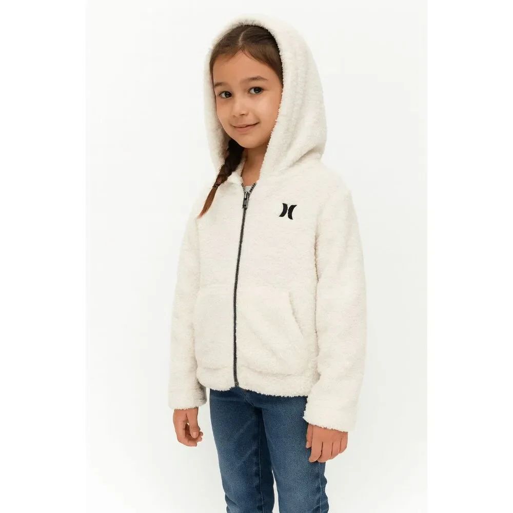 Hurley Girls’ Sherpa Zip Hoodie Jacket – KIDS Size 6 – White Fleece Hooded